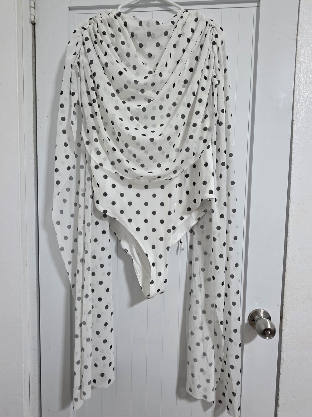 SHEIN White and Black Polka Dot Draped Bodysuit